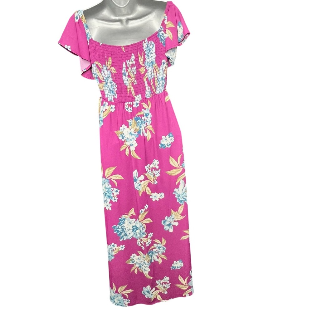 Pink‎ Blush Floral Smocked Maternity Dress Women's Small Ruffle Sleeve Maxi